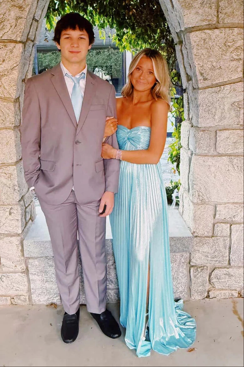 Pleated Blue A-Line Sweetheart Strapless Formal Prom Dress With Slit  P1014
