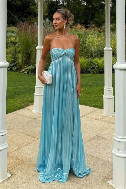 Pleated Blue A-Line Sweetheart Strapless Formal Prom Dress With Slit  P1014