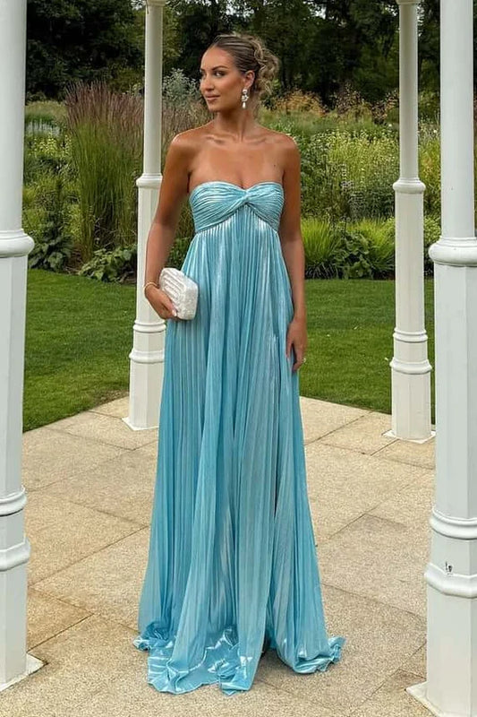 Pleated Blue A-Line Sweetheart Strapless Formal Prom Dress With Slit  P1014