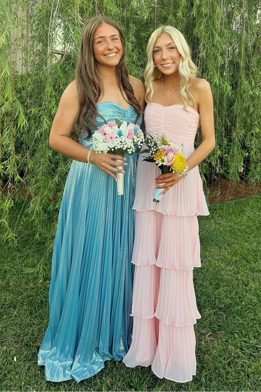 Pleated Blue A-Line Sweetheart Strapless Formal Prom Dress With Slit  P1014