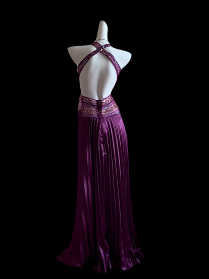 Pleated Purple A Line Formal Prom Dress Open Back Evening Gown  P2411