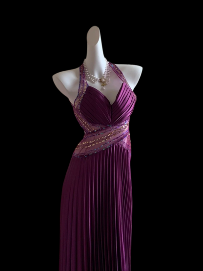 Pleated Purple A Line Formal Prom Dress Open Back Evening Gown  P2411