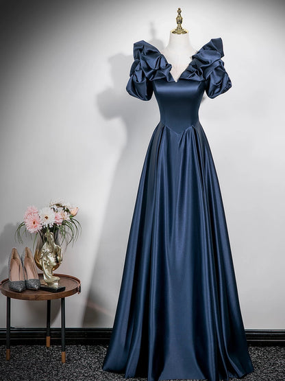 Puffy Sleeves Navy Blue Satin Formal Prom Dress  P2702