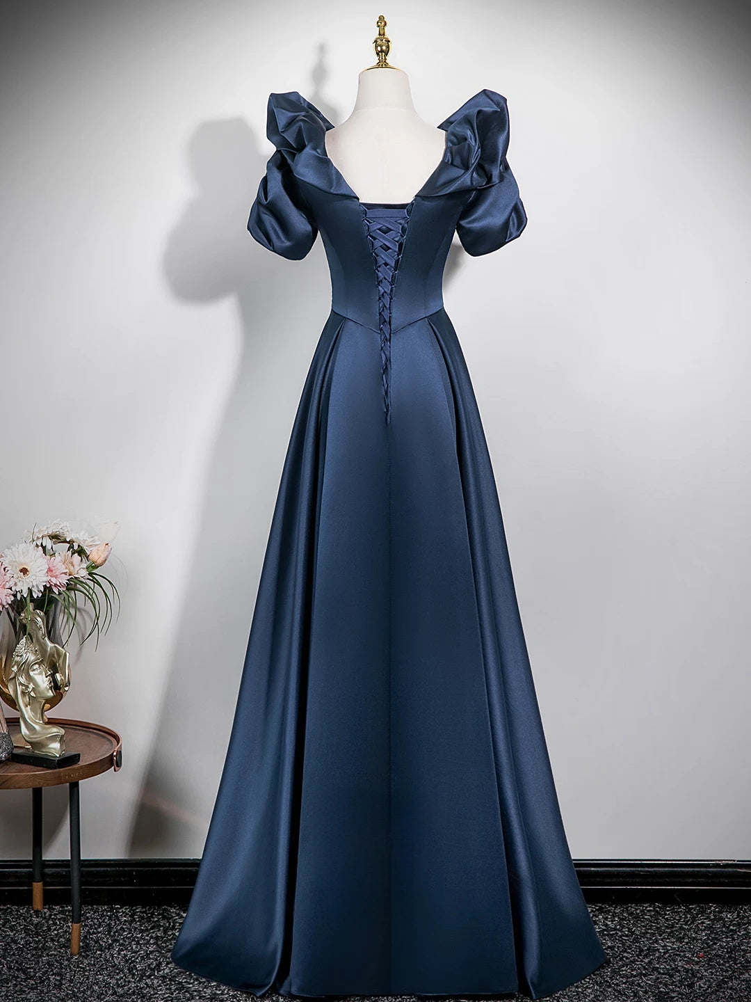 Puffy Sleeves Navy Blue Satin Formal Prom Dress  P2702