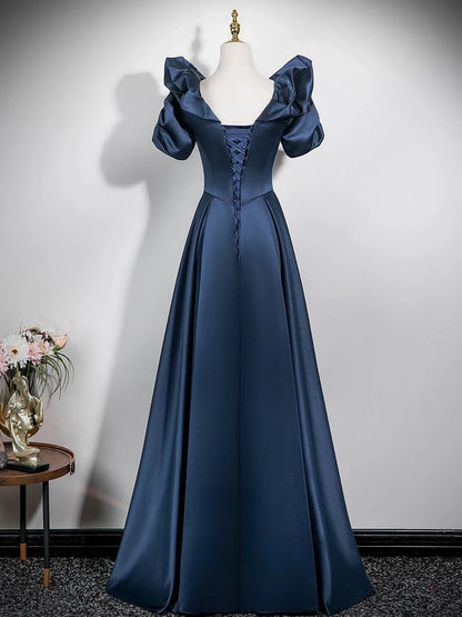 Puffy Sleeves Navy Blue Satin Formal Prom Dress  P2702