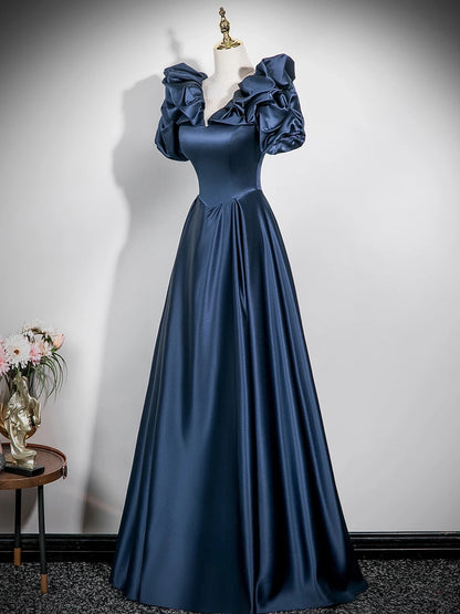 Puffy Sleeves Navy Blue Satin Formal Prom Dress  P2702