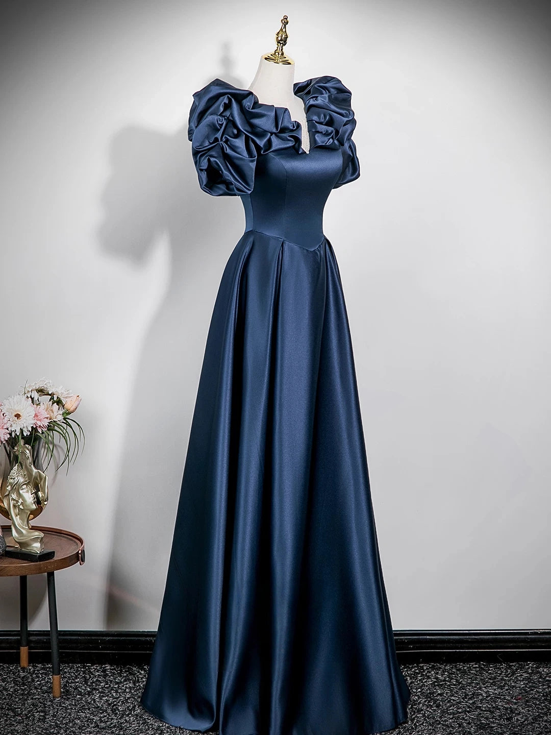 Puffy Sleeves Navy Blue Satin Formal Prom Dress  P2702