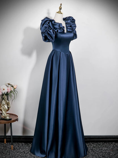 Puffy Sleeves Navy Blue Satin Formal Prom Dress  P2702
