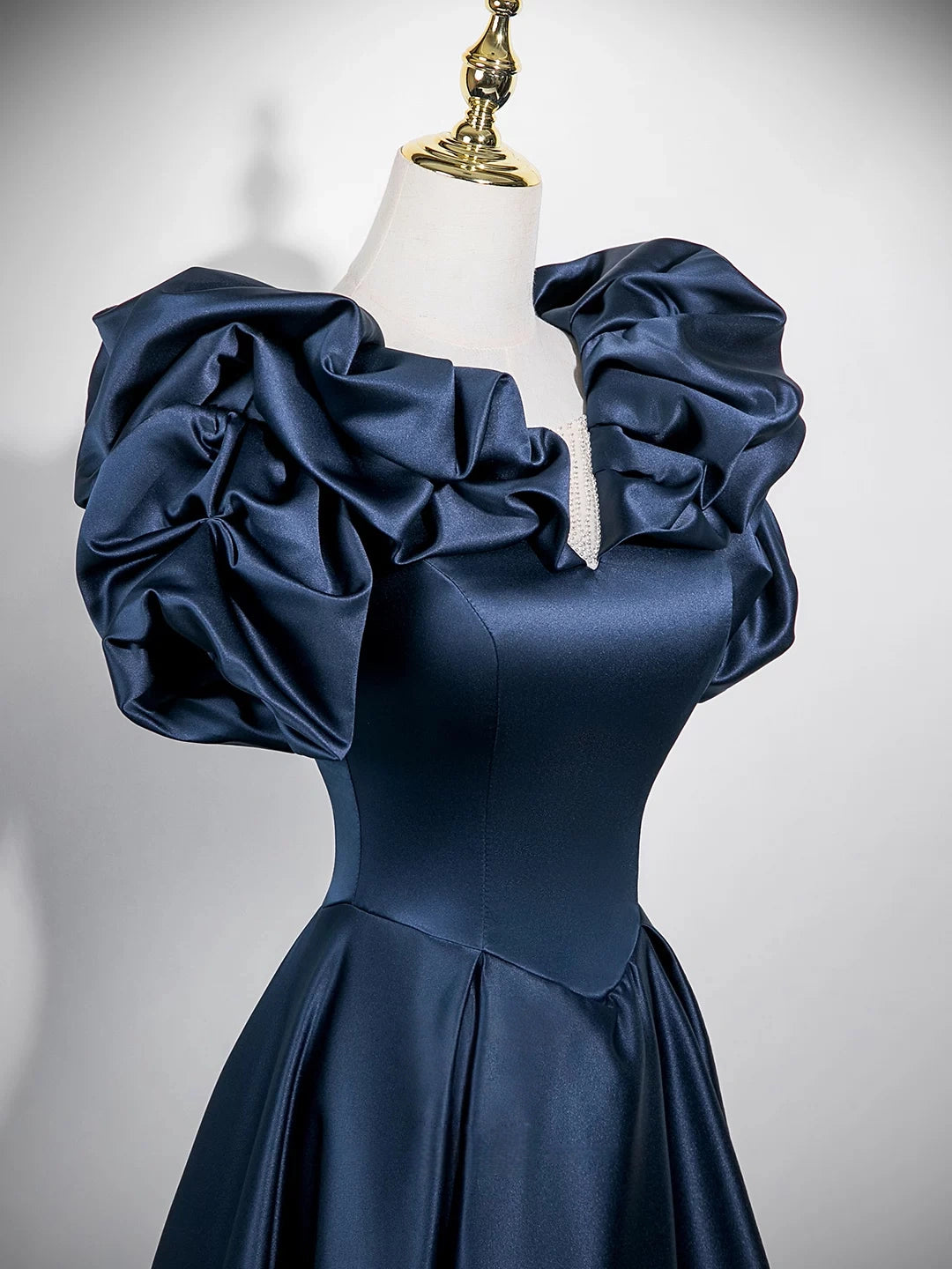 Puffy Sleeves Navy Blue Satin Formal Prom Dress  P2702