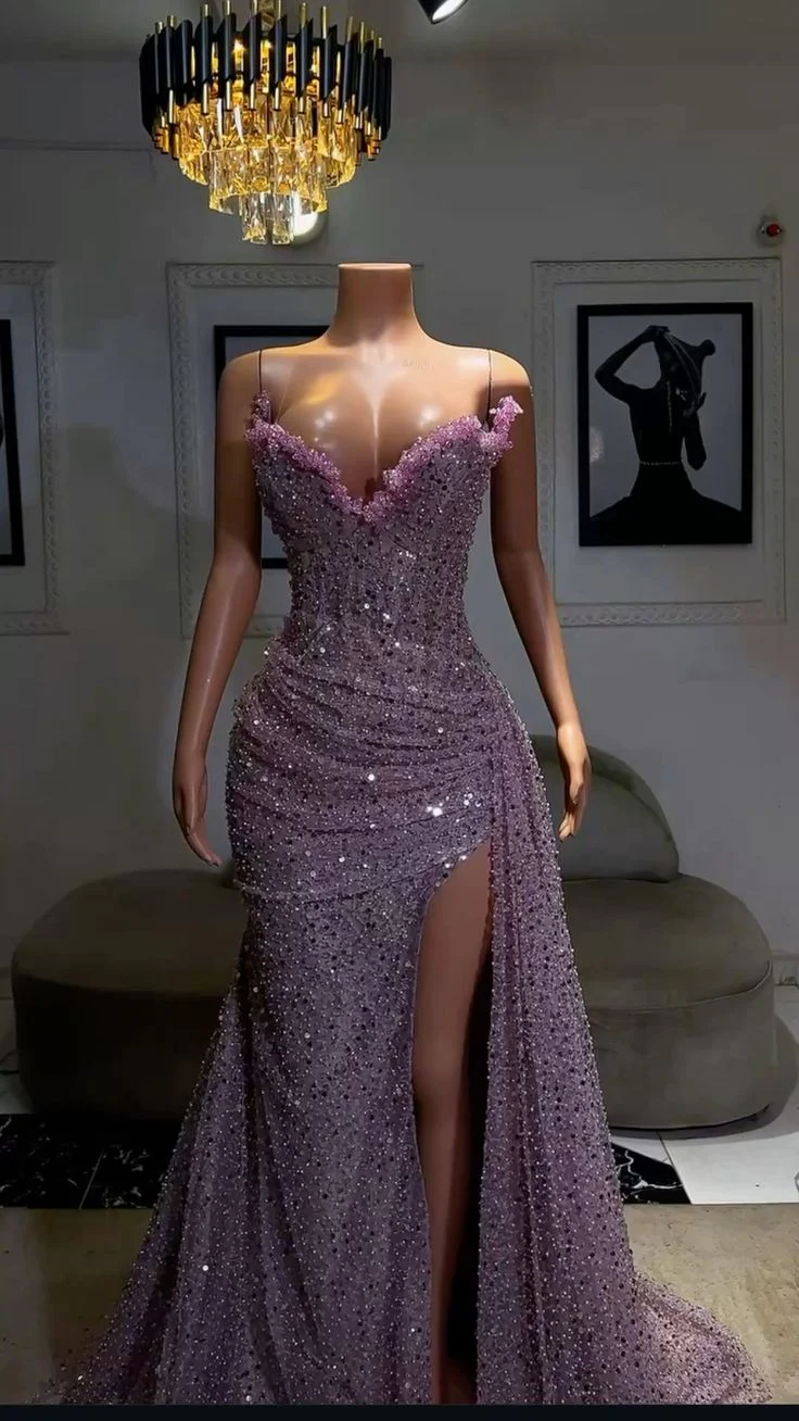 Purple Mermaid Sequins Prom Dresses Sexy Evening Dress With High Slit  P824