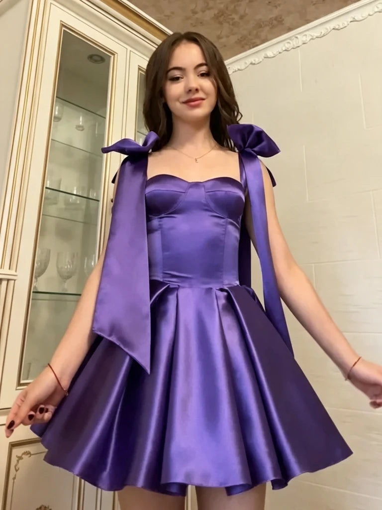 Purple Satin Short Homecoming Dresses A Line Birthday Dress  P2297