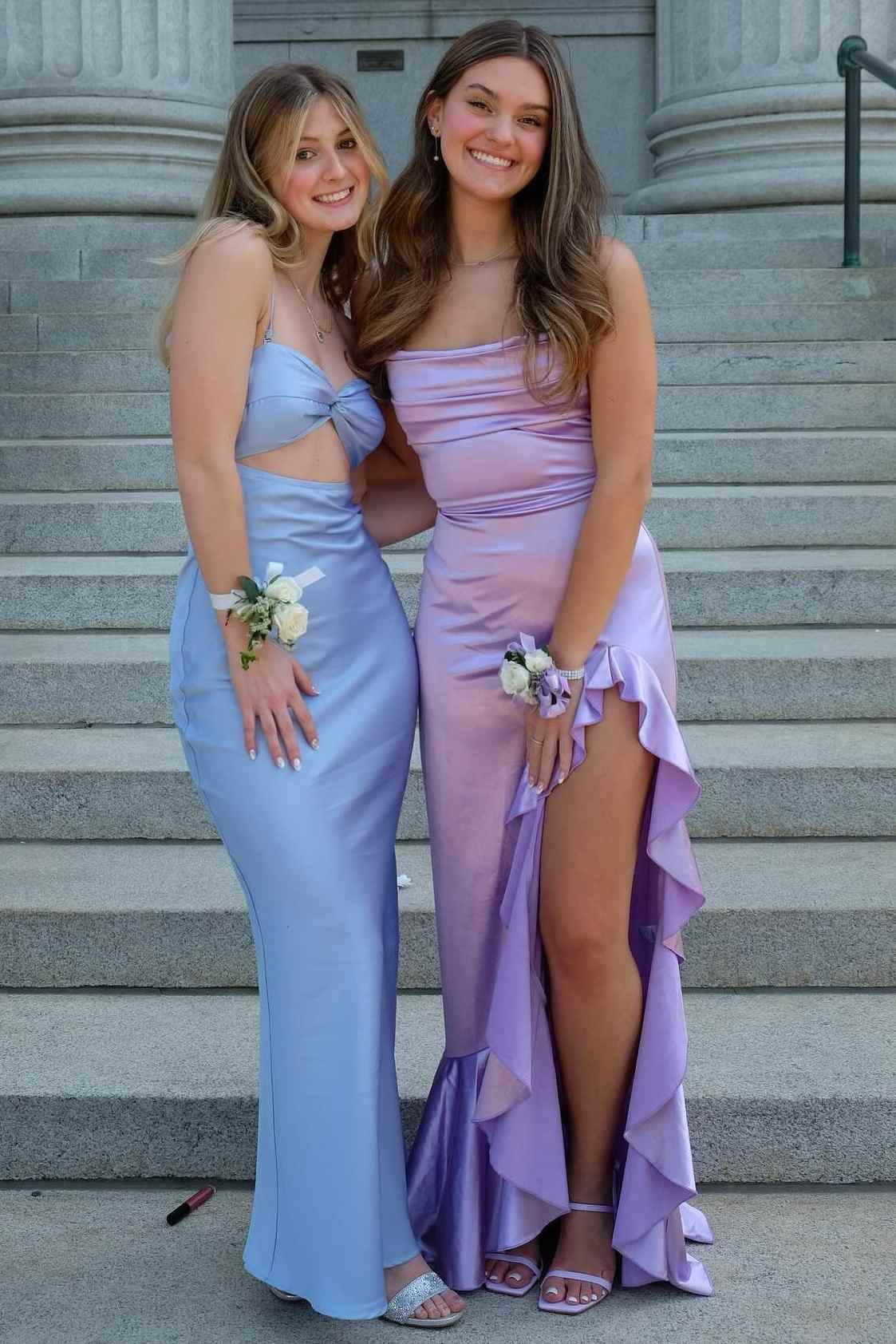 Purple Spaghetti Straps Ruffles Satin High Slit Long Formal Prom   P2576