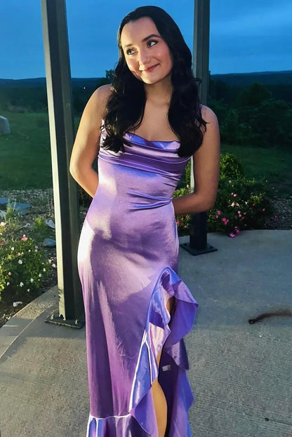 Purple Spaghetti Straps Ruffles Satin High Slit Long Formal Prom   P2576