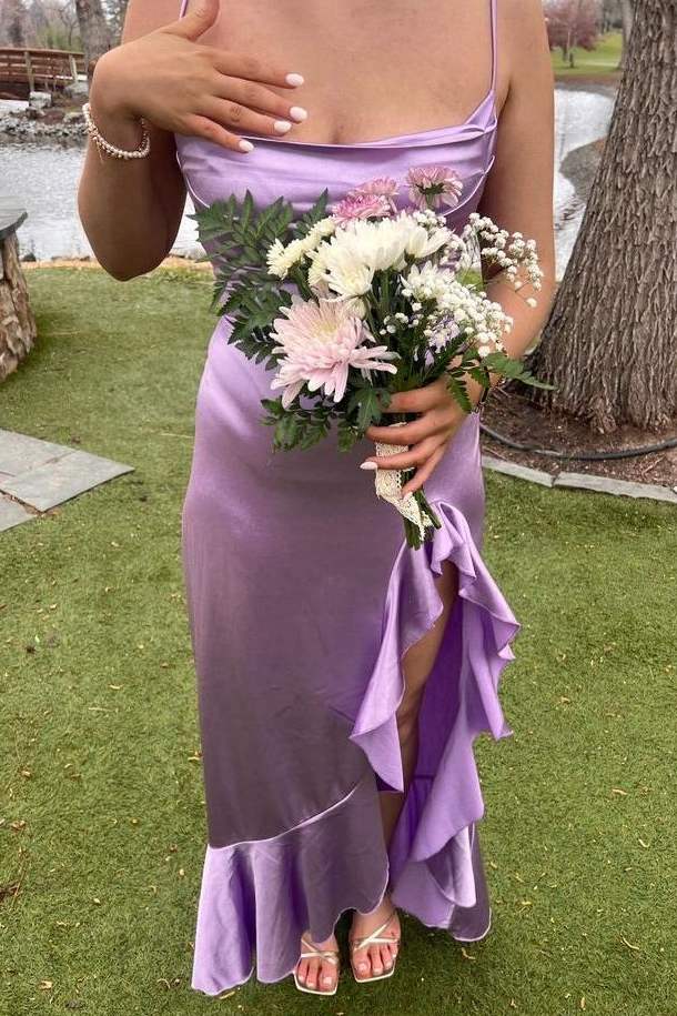 Purple Spaghetti Straps Ruffles Satin High Slit Long Formal Prom   P2576