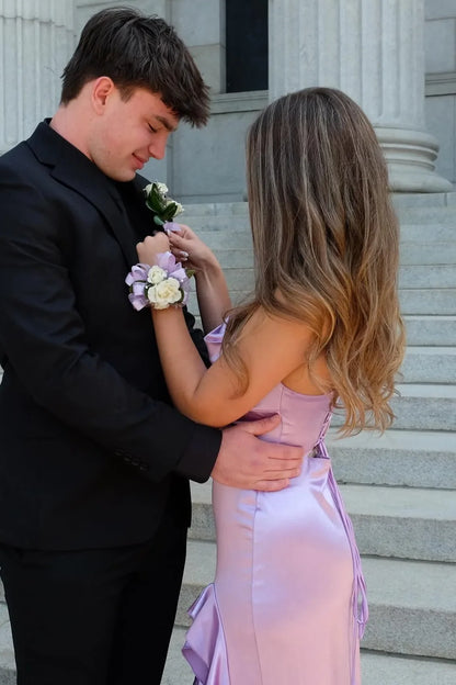 Purple Spaghetti Straps Ruffles Satin High Slit Long Formal Prom   P2576