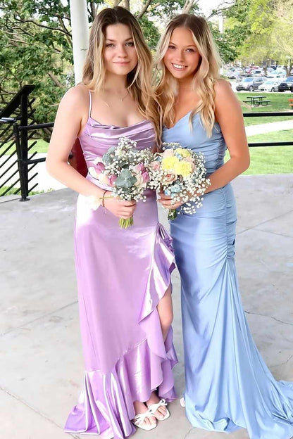 Purple Spaghetti Straps Ruffles Satin High Slit Long Formal Prom   P2576