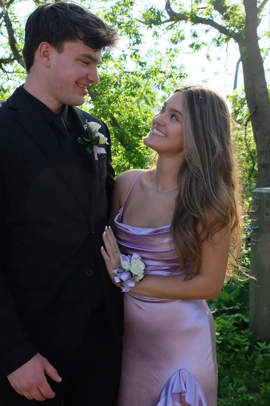 Purple Spaghetti Straps Ruffles Satin High Slit Long Formal Prom   P2576