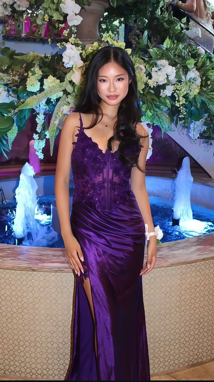 Purple V-Neck Appliques Lace Party Dress With Side Slit  P975