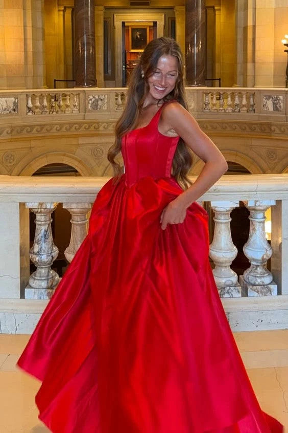 Red A-Line Sleeveless Satin Ruched Prom Dress  P2437