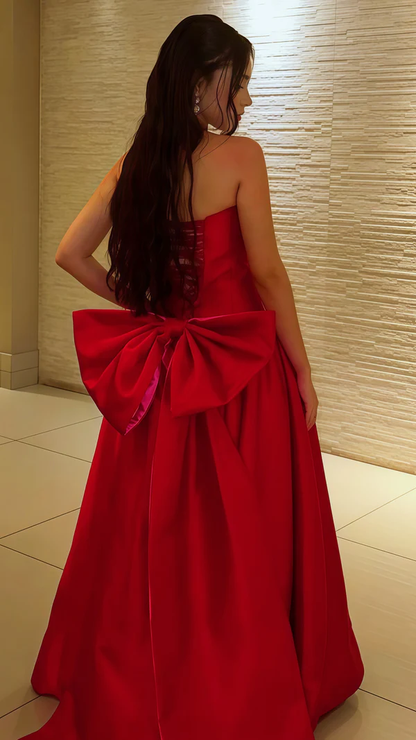 Red A-Line Strapless Prom Dress With Bow Satin Birthday Gown  P1153