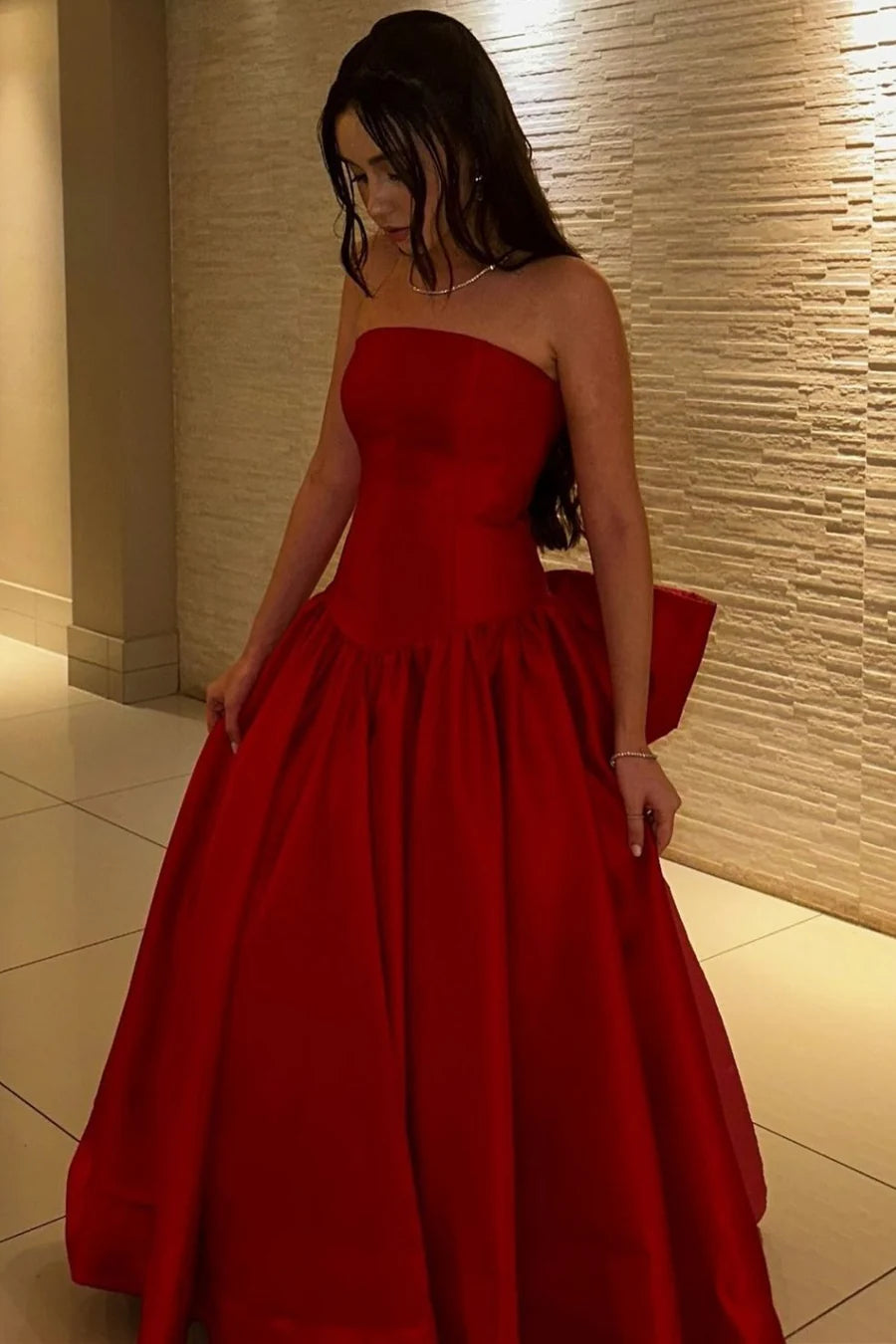 Red A-Line Strapless Prom Dress With Bow Satin Birthday Gown  P1153