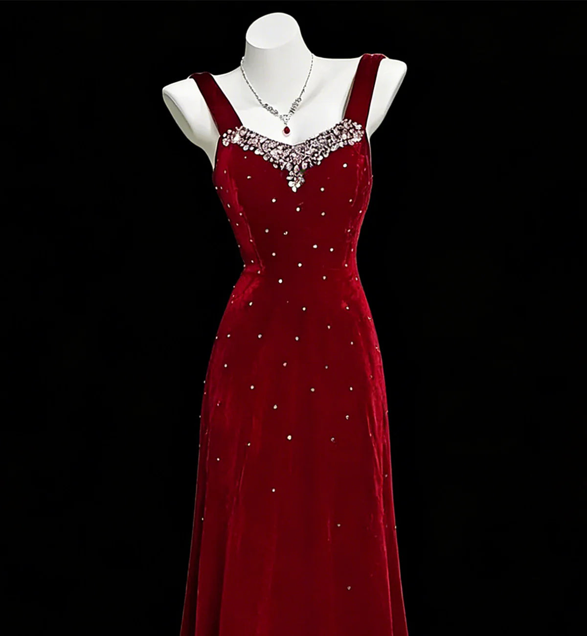 Red Beaded A-Line Velvet Prom Dress Beaded Formal Party Dress  P987