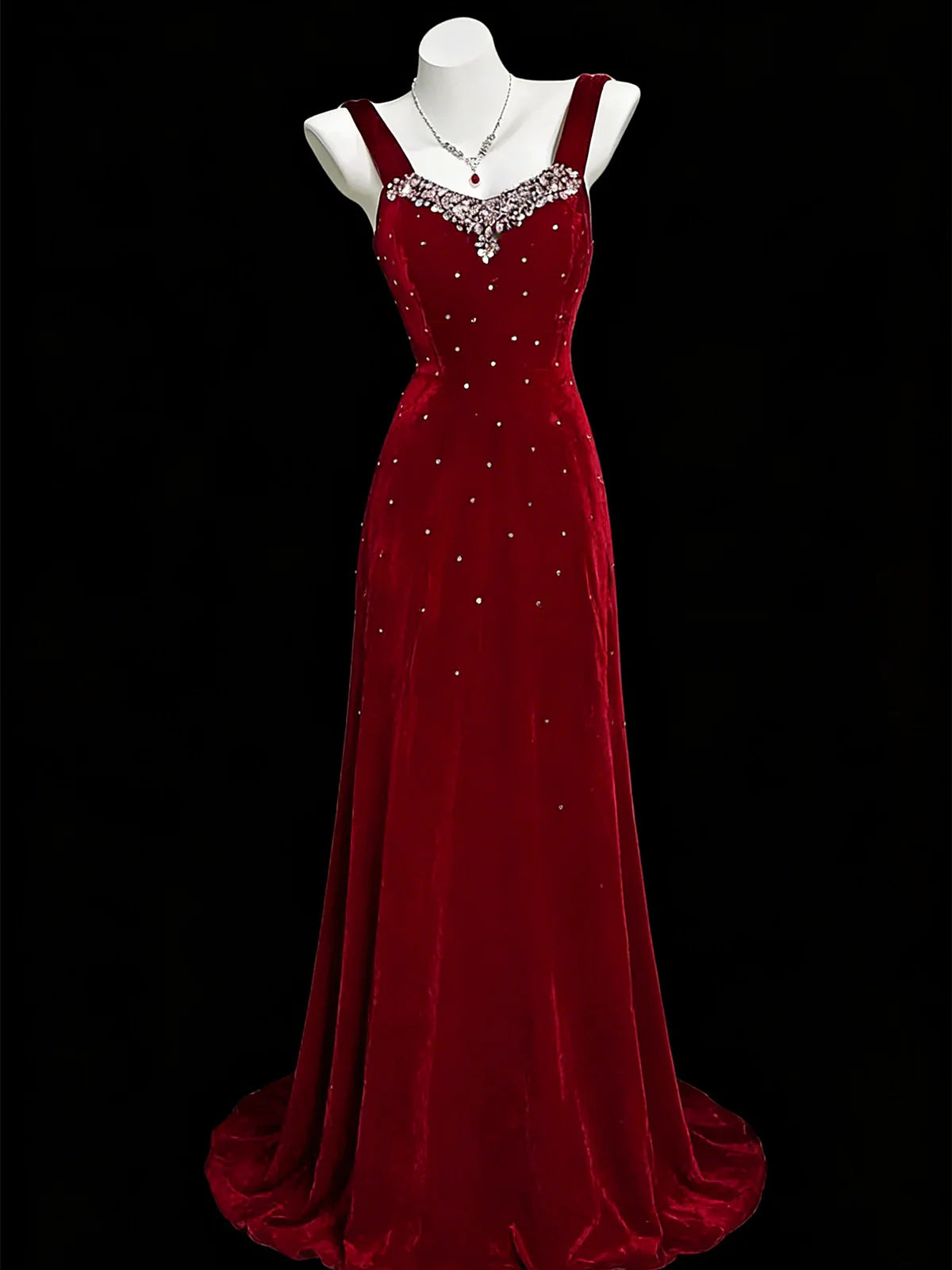 Red Beaded A-Line Velvet Prom Dress Beaded Formal Party Dress  P987
