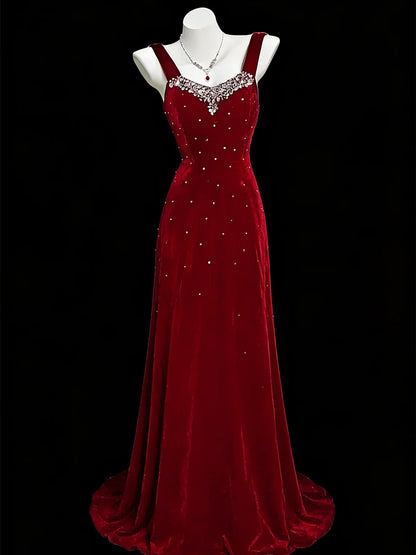 Red Beaded A-Line Velvet Prom Dress Beaded Formal Party Dress  P987