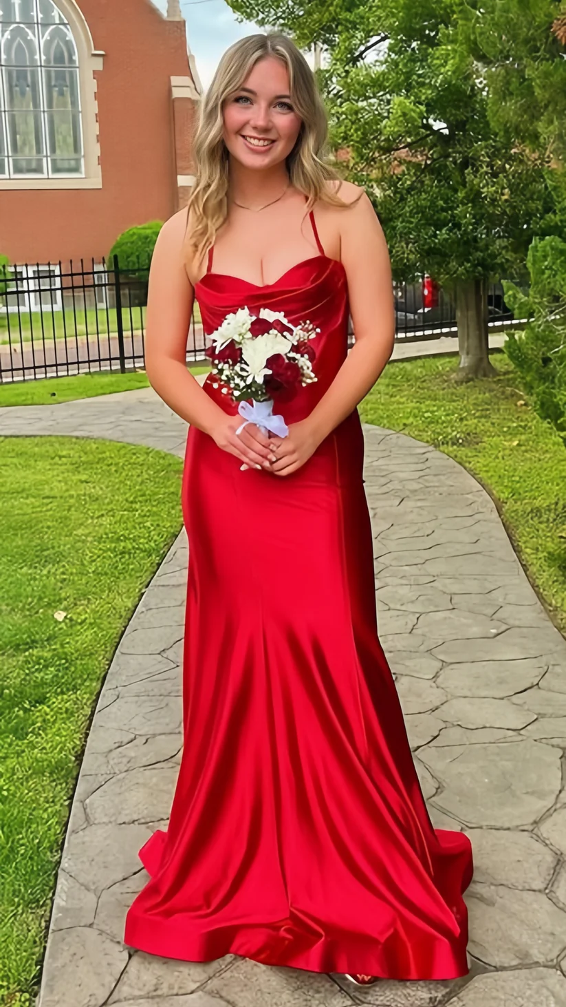 Red Halter Satin Prom Dress Mermaid Spaghetti Straps Long Formal Dress  P818