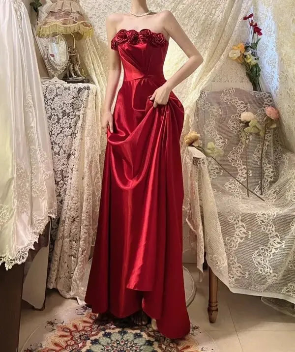 Red Retro Long Elegant Satin Evening Dress Formal Prom Dress  P1177