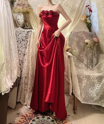 Red Retro Long Elegant Satin Evening Dress Formal Prom Dress  P1177