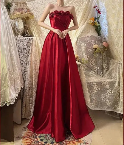 Red Retro Long Elegant Satin Evening Dress Formal Prom Dress  P1177