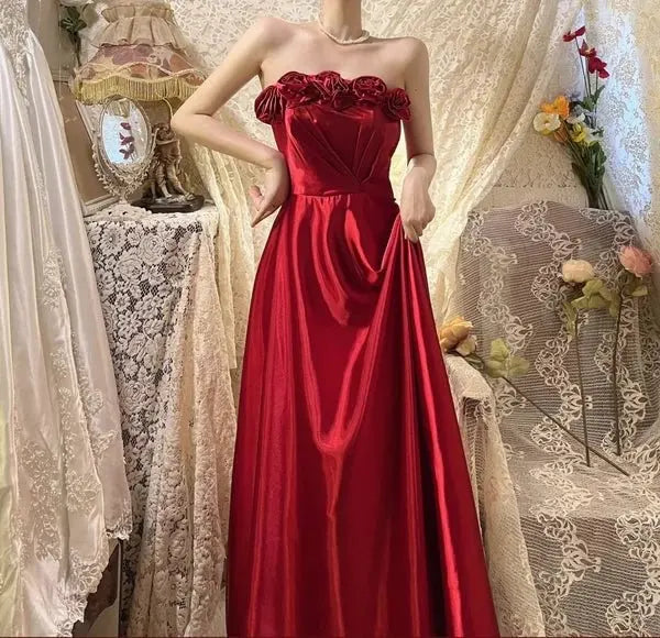 Red Retro Long Elegant Satin Evening Dress Formal Prom Dress  P1177