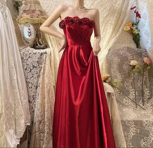 Red Retro Long Elegant Satin Evening Dress Formal Prom Dress  P1177