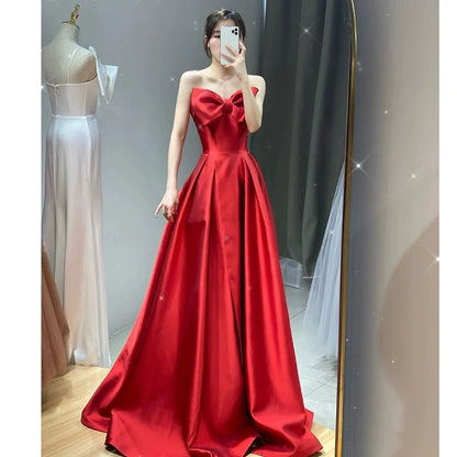 Red Satin A Line Prom Dress With Slit & Bow  P624