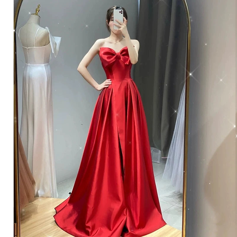 Red Satin A Line Prom Dress With Slit & Bow  P624