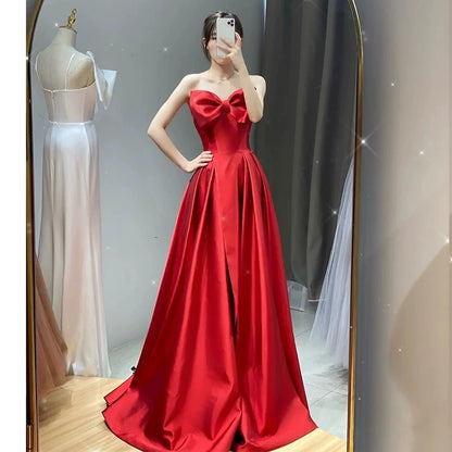 Red Satin A Line Prom Dress With Slit & Bow  P624