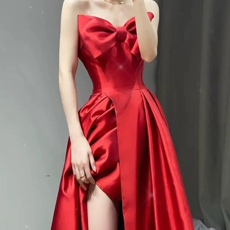 Red Satin A Line Prom Dress With Slit & Bow  P624