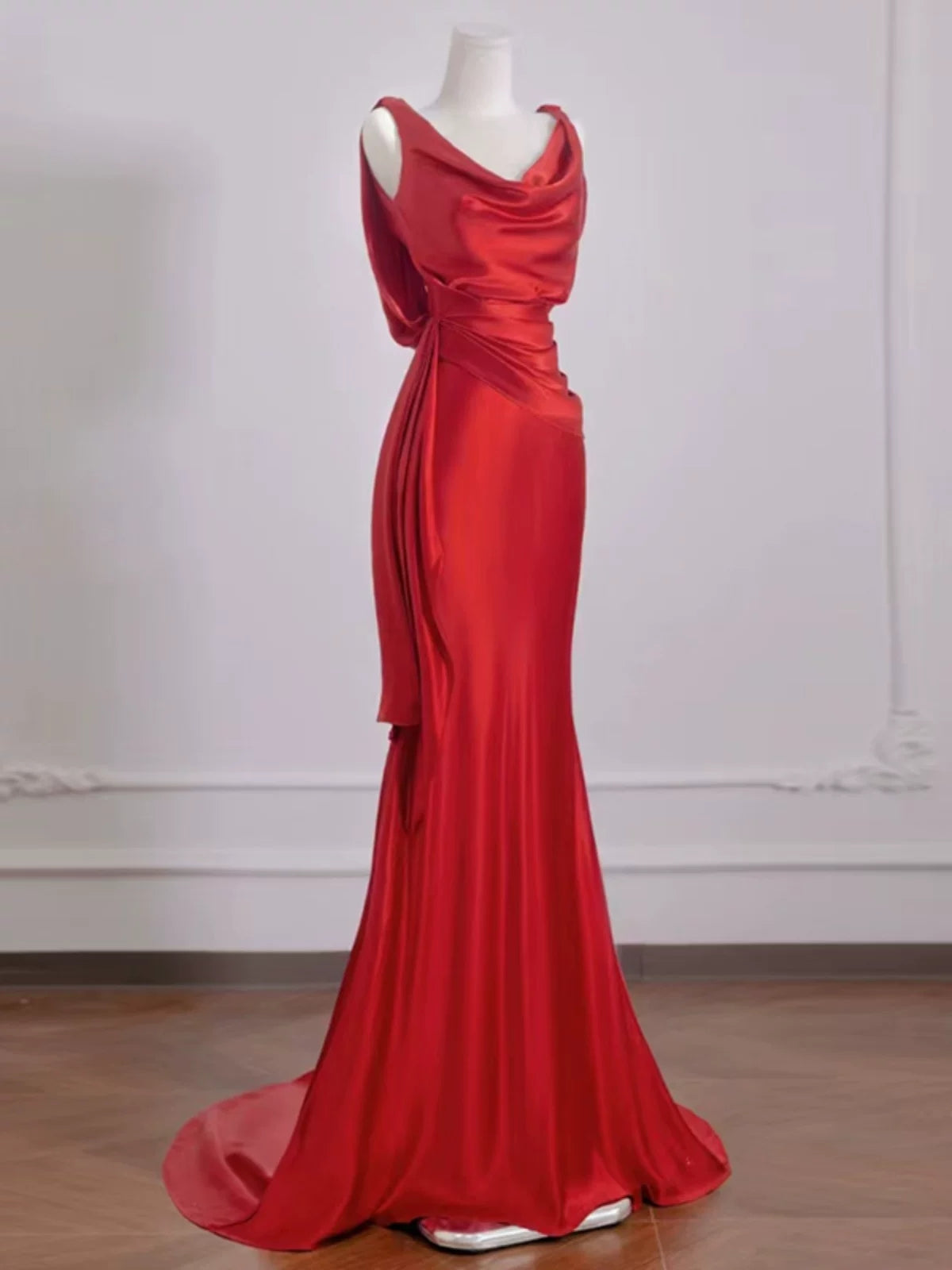 Red Satin Mermaid Evening Dress Elegant Formal Prom Dress  P626