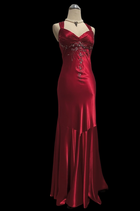 Red Satin Mermaid Prom Dress Beaded Formal Evening Dress  P1055