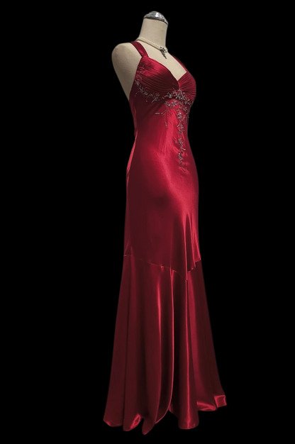 Red Satin Mermaid Prom Dress Beaded Formal Evening Dress  P1055