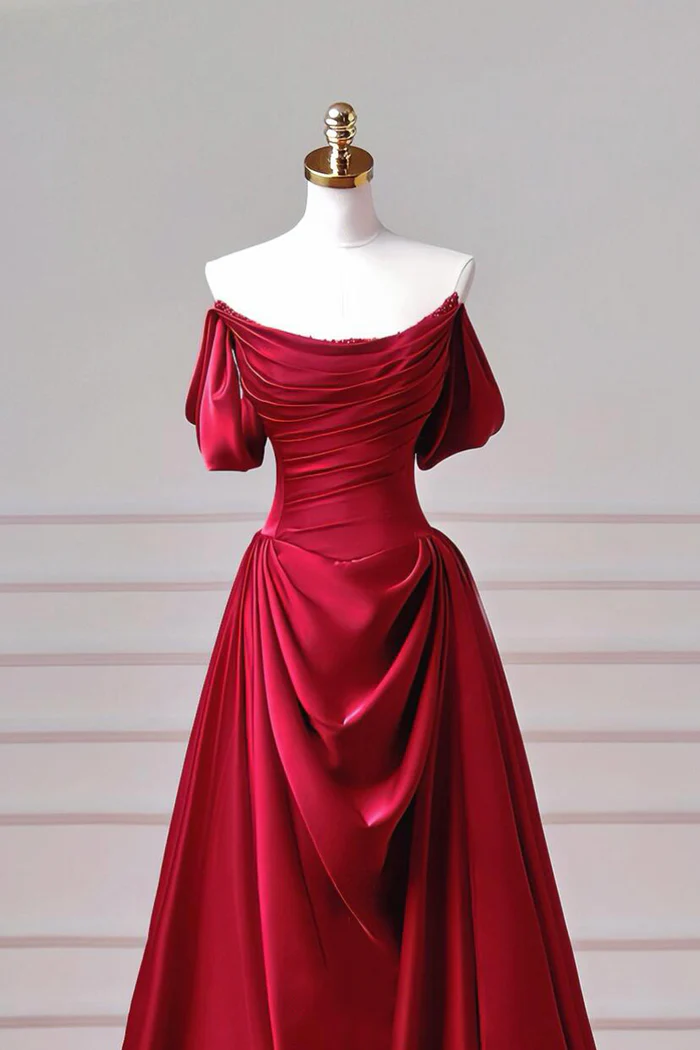 Red Satin Off Shoulder Prom Dress A Line Formal Evening Dress  P641