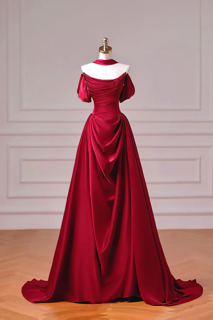 Red Satin Off Shoulder Prom Dress A Line Formal Evening Dress  P641