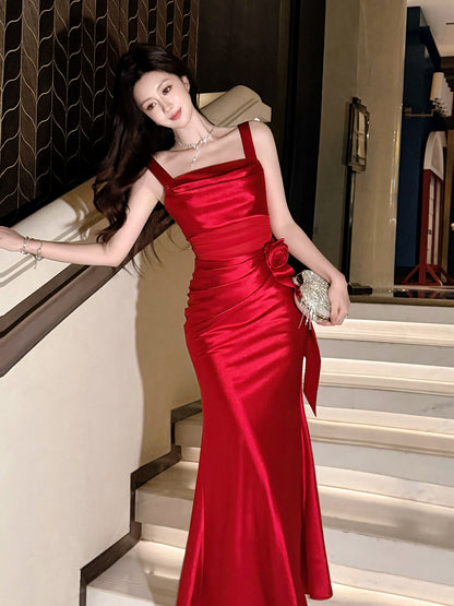 Red Satin Sheath Prom Dress Sheath Formal Evening Dress  P750