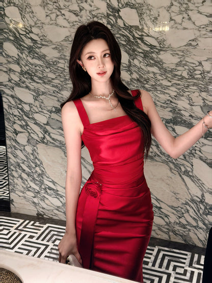 Red Satin Sheath Prom Dress Sheath Formal Evening Dress  P750