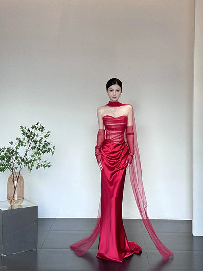Red Sheath Satin Evening Dress Elegant Birthday Dress   P775