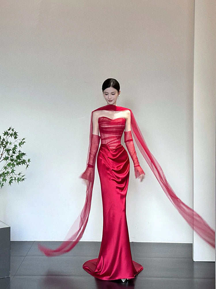 Red Sheath Satin Evening Dress Elegant Birthday Dress   P775