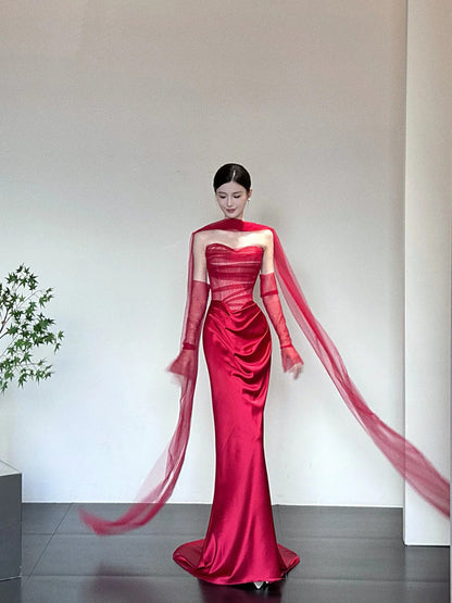 Red Sheath Satin Evening Dress Elegant Birthday Dress   P775