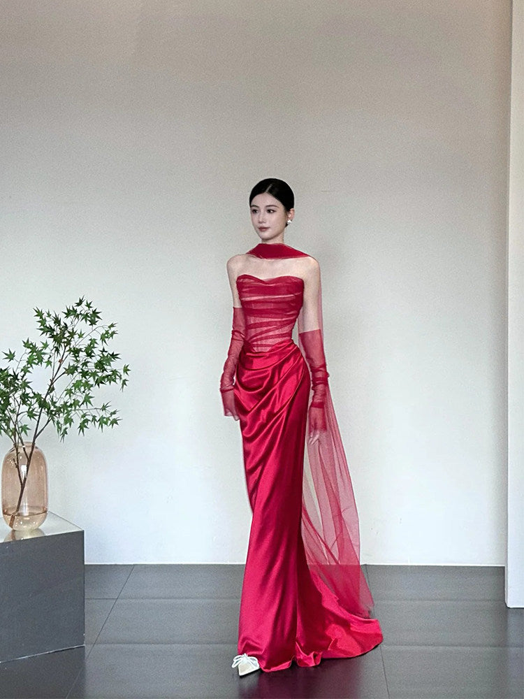 Red Sheath Satin Evening Dress Elegant Birthday Dress   P775