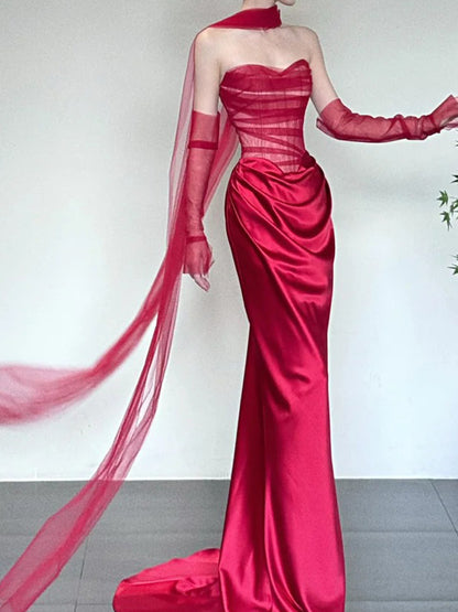 Red Sheath Satin Evening Dress Elegant Birthday Dress   P775